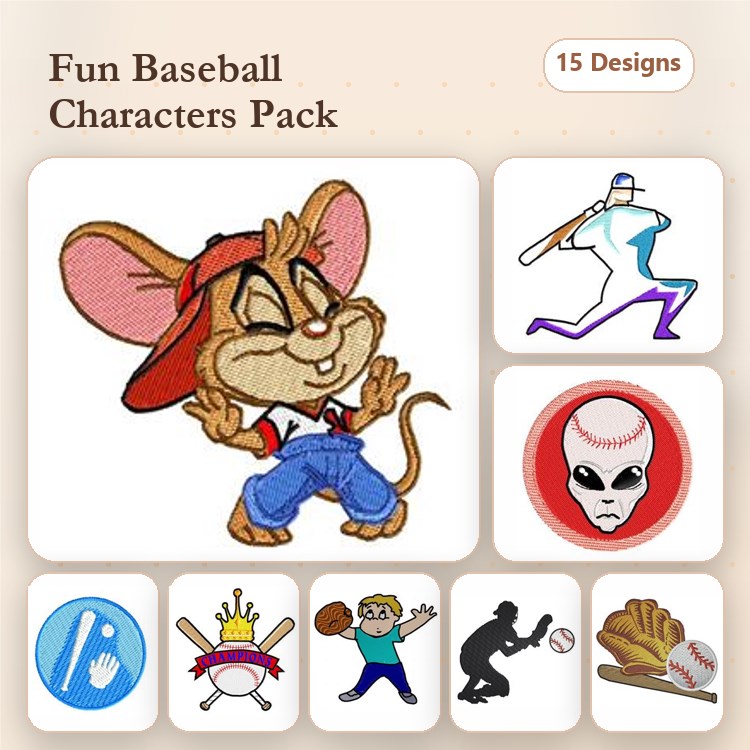 Baseball Embroidery Bundle – Catcher, Player & Dog (15 Designs)