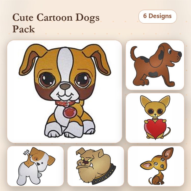 Dog Character Embroidery Bundle – Cute Canine Designs (6 Designs)