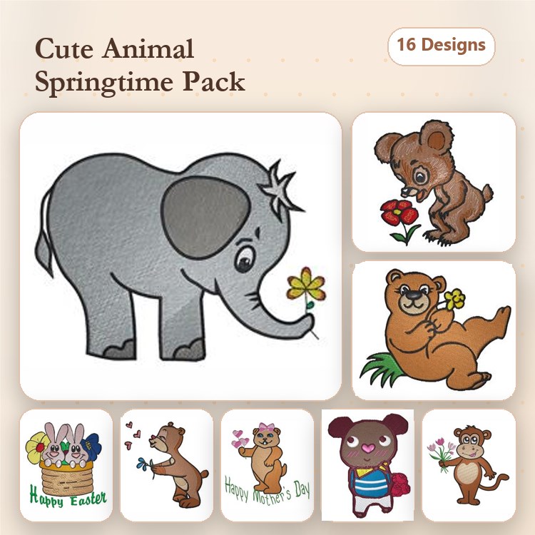 Cute Animal Springtime Embroidery Bundle – Elephant, Koala Bear, Brown Bear & More (16 Designs)