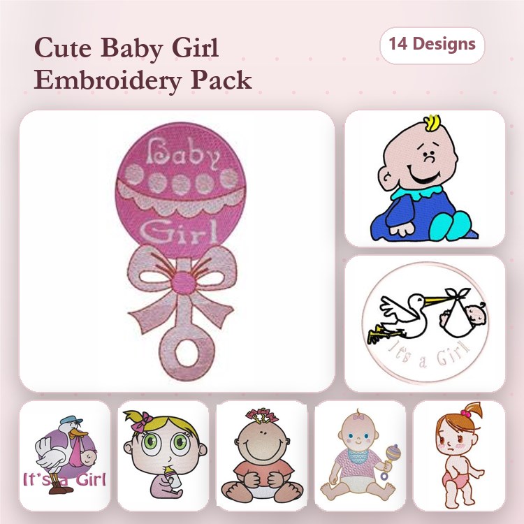 Baby Girl Embroidery Bundle – Balloon, Stork Delivery, Baby Girl with Ribbon & More (14 Designs)