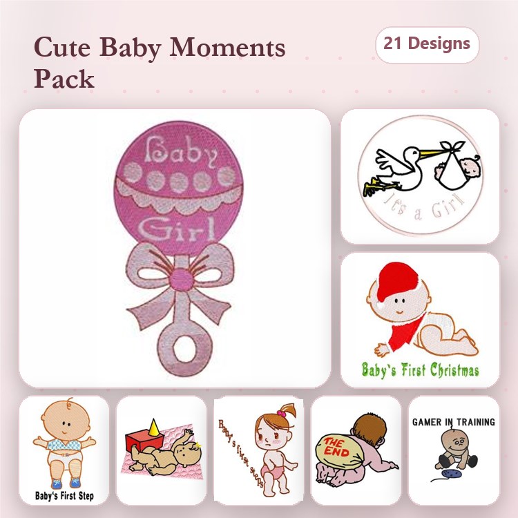 Baby Occasions Embroidery Designs Bundle – Baby Girl Pacifier, It's a Girl Stork, Baby's First Christmas & More (21 Designs)