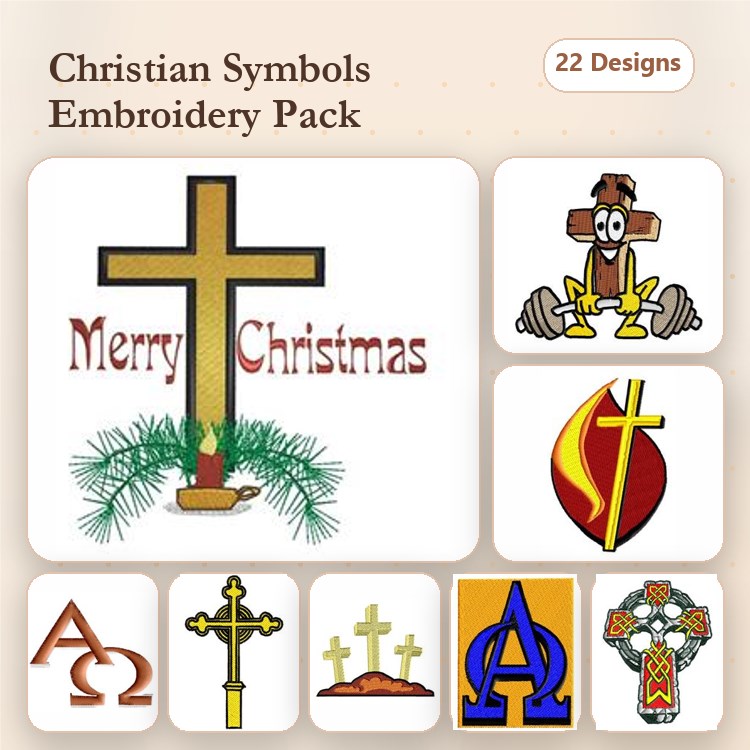 Christian Symbols Embroidery Designs Bundle – Cross with Merry Christmas, Dove with Olive Branch, & More (22 Designs)