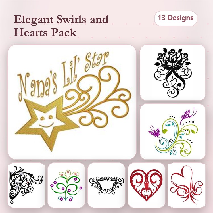 Elegant Swirls & Hearts Embroidery Designs Bundle – Star with Swirls, Floral Swirl, Heart with Floral Design & More (13 Designs)