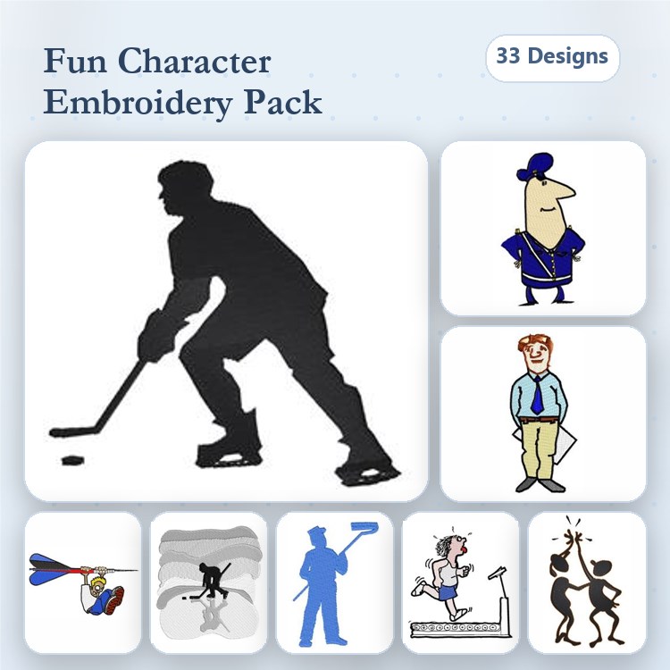 Fun Characters Embroidery Designs Bundle – Hockey Player, Police Officer, Businessman & More (33 Designs)