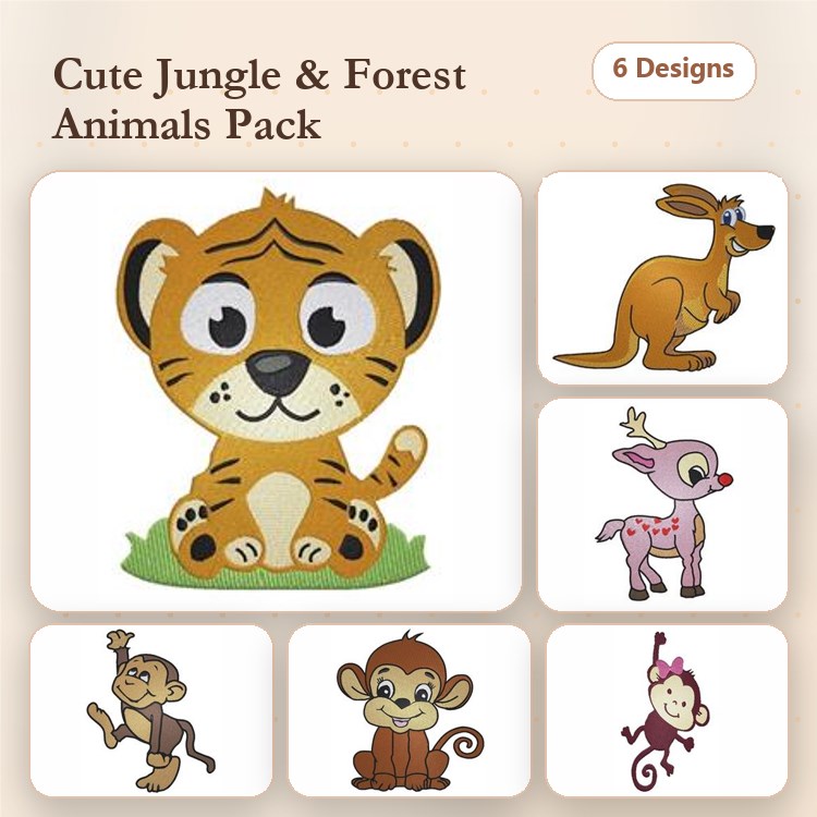 Cute Jungle & Forest Animals Embroidery Bundle – Tiger Cub, Kangaroo, Deer, Two Monkeys & More (6 Designs)