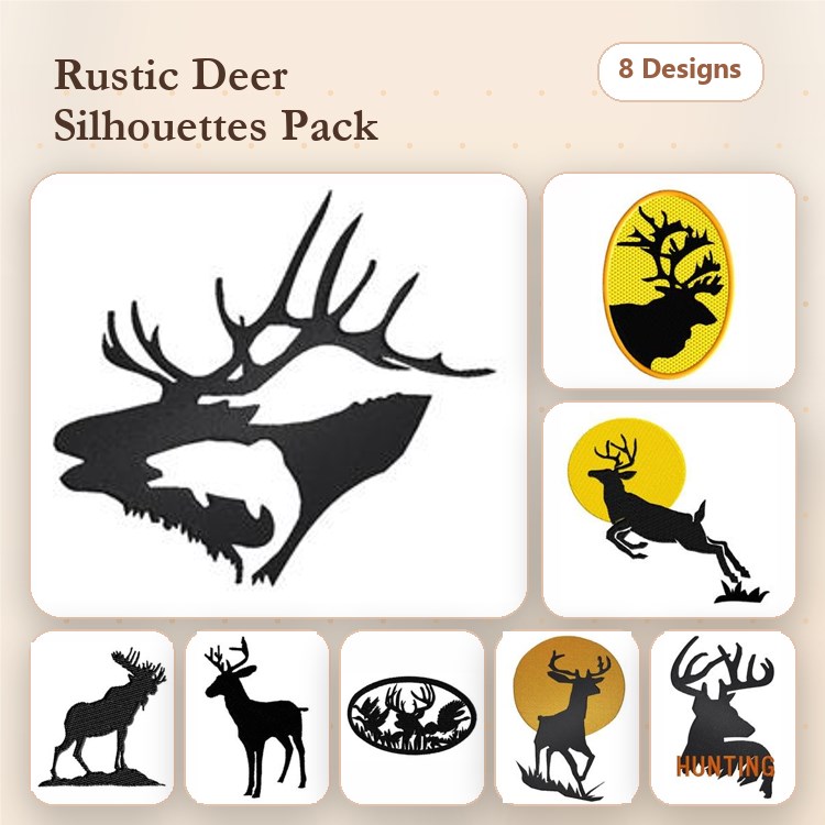 Deer & Moose Silhouettes Embroidery Designs Bundle – Deer Head, Stag, Leaping Deer & More (8 Designs)