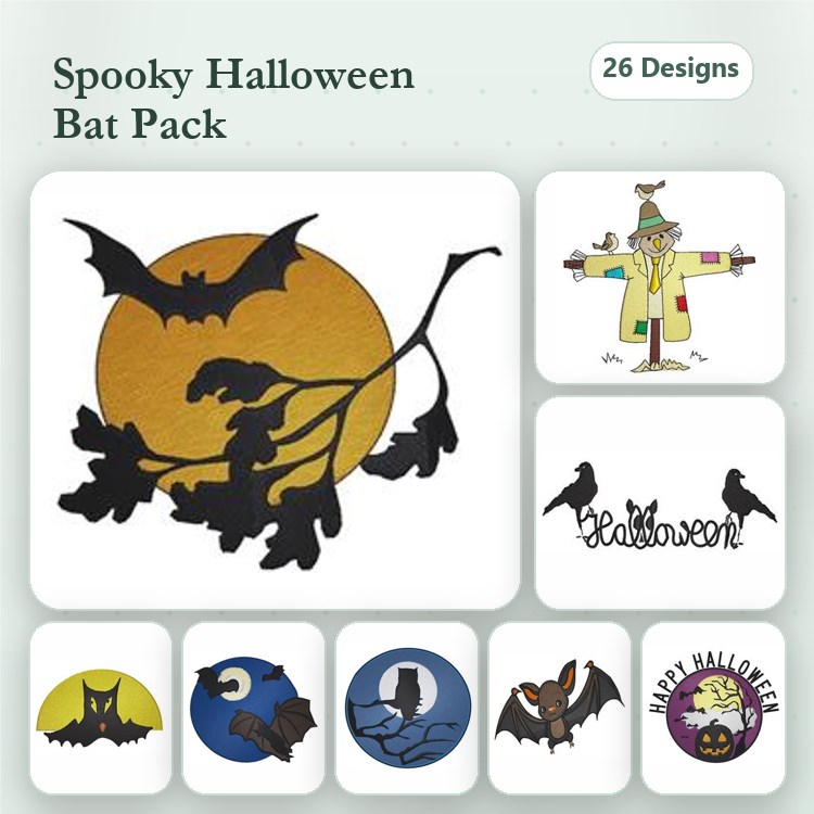 Halloween Bats Embroidery Designs Bundle – Bat Silhouette, Moon with Bat, Halloween Scarecrow & More (26 Designs)