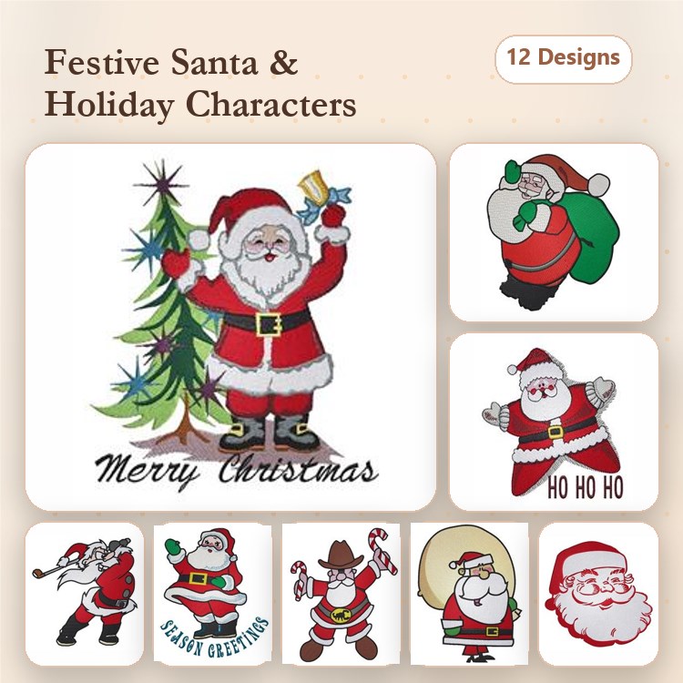 Festive Santa & Holiday Characters Embroidery Designs Bundle – Santa with Tree, Santa with Gifts & More (12 Designs)