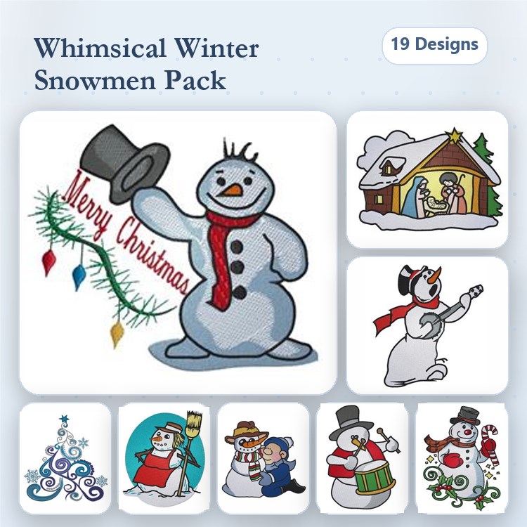 Snowman & Christmas Elements Embroidery Designs Bundle – Playful Snowman with Hat, Caroler, Present & More (19 Designs)