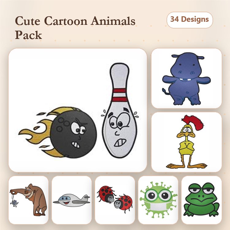 Cute Cartoon Animals Embroidery Designs Bundle – Bowling Ball Character, Blue Hippo, Chicken Character & More (34 Designs)