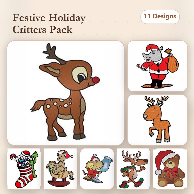 Festive Holiday Critters Embroidery Bundle – Reindeer, Santa with Bag, Bear with Gift & More (11 Designs)