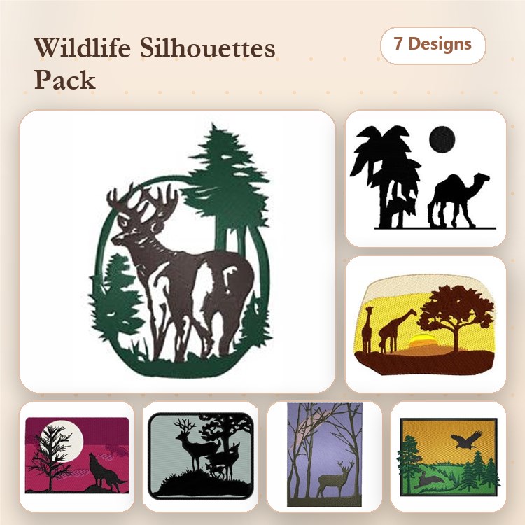Wildlife Silhouettes Embroidery Designs Bundle – Deer, Camel, Giraffes, & More (7 Designs)