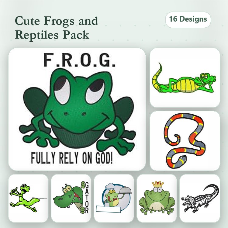 Cute Frogs & Reptiles Embroidery Bundle – Green Frog, Cartoon Frog, Snake & More (16 Designs)