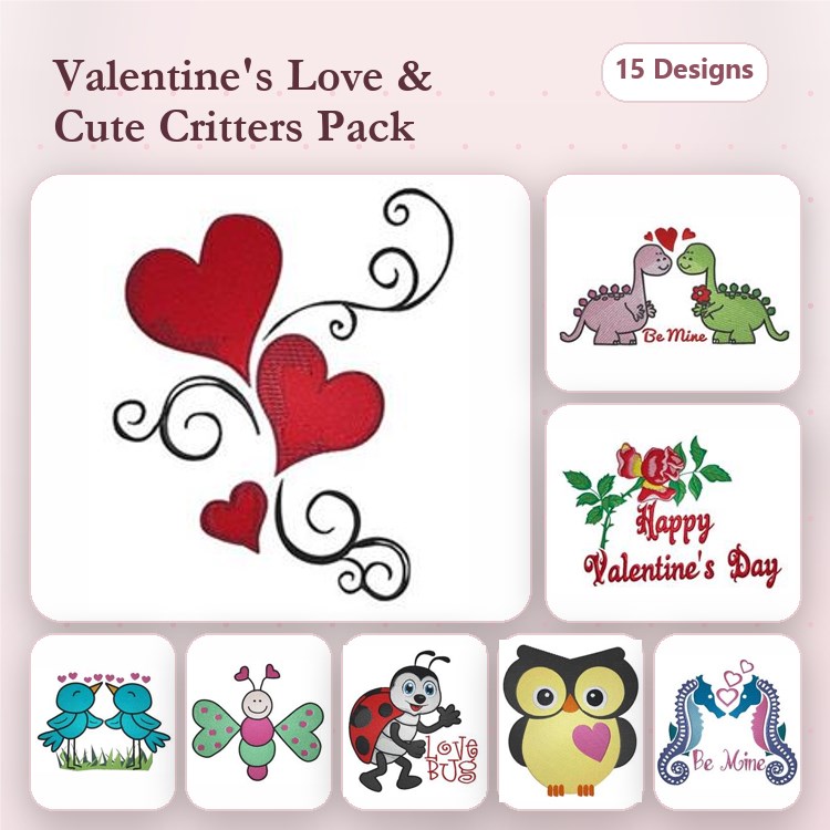 Hearts & Dinosaurs Embroidery Bundle – Valentine's Day Designs (15 Designs)