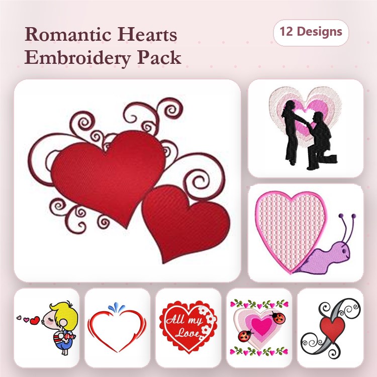Romantic Hearts Embroidery Designs Bundle – Couples, Floral Detailing, Snail & More (12 Designs)