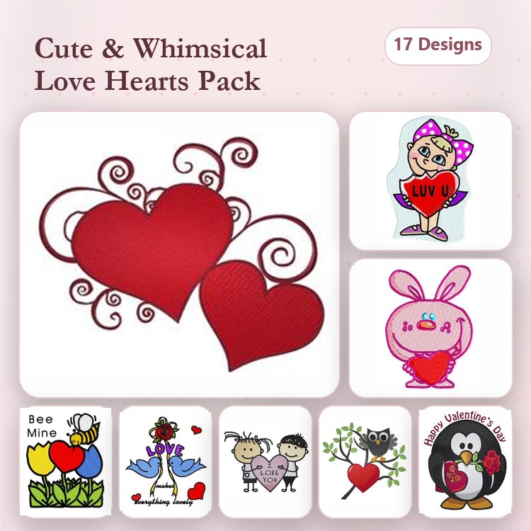 Valentine's Characters Embroidery Designs Bundle – Bee Mine, Love Bug, Cupid's Heart & More (17 Designs)