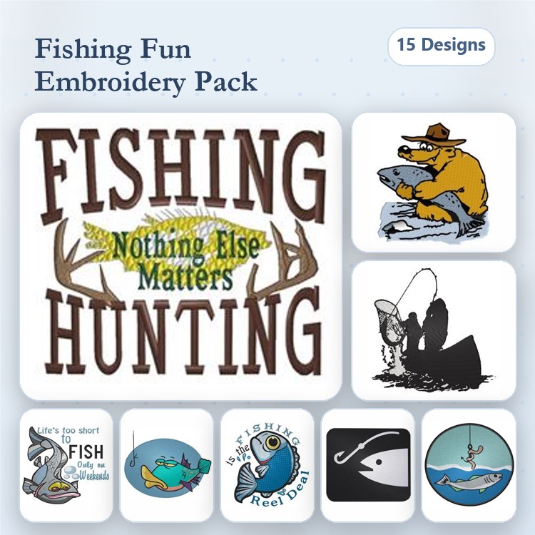 Fishing & Hunting Embroidery Bundle – Fishing Rod with Bass, Fishing Bear, Catch of the Day & More (15 Designs)