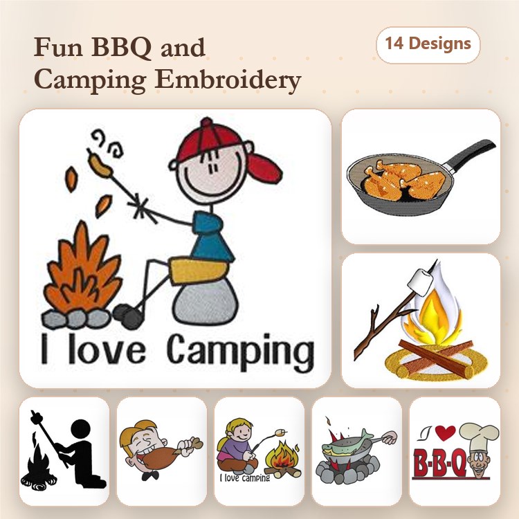 BBQ and Camping Embroidery Designs Bundle – Camping Boy, Camping Fire, I Love Camping & More (14 Designs)