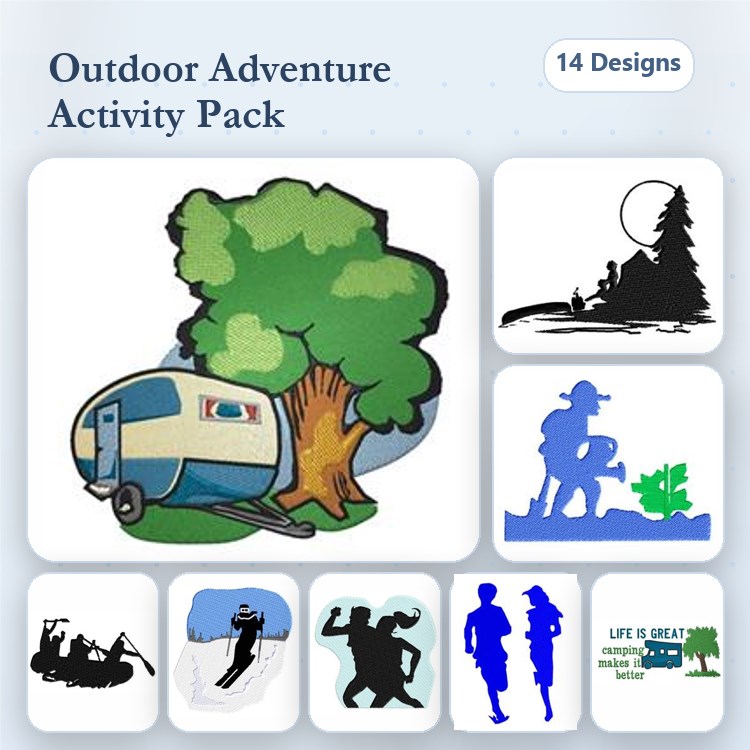Outdoor Adventure Embroidery Bundle – Camper Trailer, Hiking Figure, Fishing Scene & More (14 Designs)