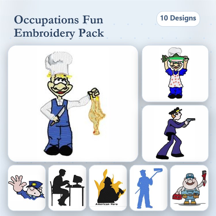 Occupations Embroidery Designs Bundle – Chef with Chicken, Police Officer with Gun, Firefighter with Flames & More (10 Designs)