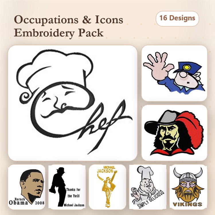 Occupations and Icons Embroidery Designs Bundle – Chef Icon, Police Officer, Pirate, Viking & More (16 Designs)