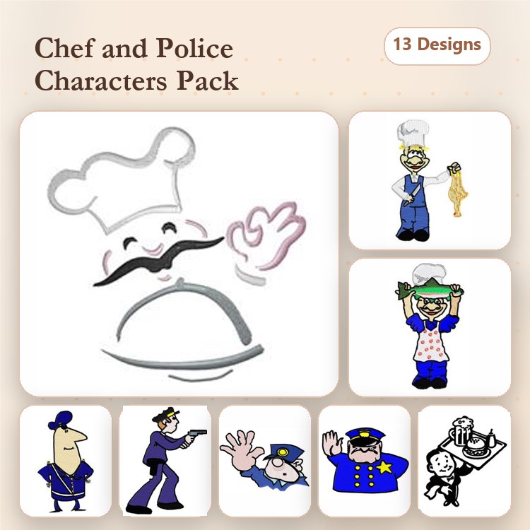 Chef & Police Characters Embroidery Designs Bundle – Chef with Mustache, Police Officer with Gun & More (13 Designs)