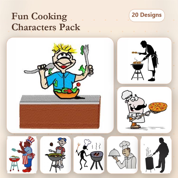 Cooking Characters Embroidery Designs Bundle – Chef with Pizza, Grilling Chef, Boy with Fork & Spoon & More (20 Designs)
