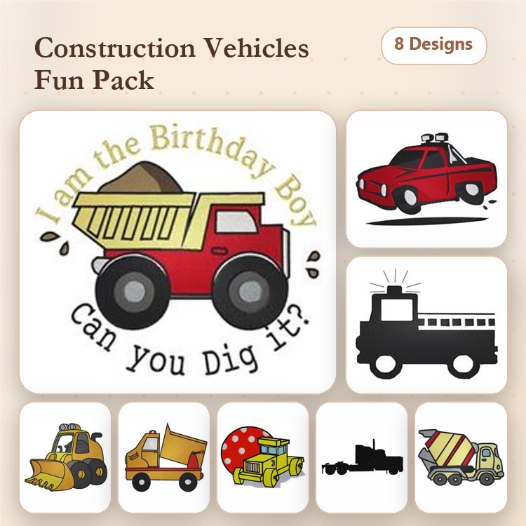 Construction Vehicles Embroidery Designs Bundle – Dump Truck with Dirt, Fire Truck, Excavator & More (8 Designs)