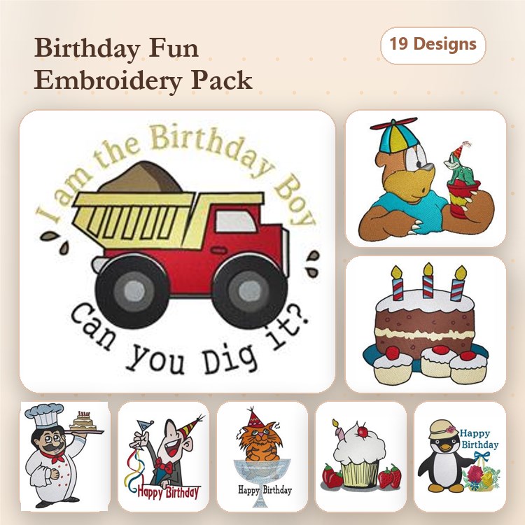 Birthday Celebration Embroidery Designs Bundle – Birthday Truck, Cake, Chef, Bear & More (19 Designs)