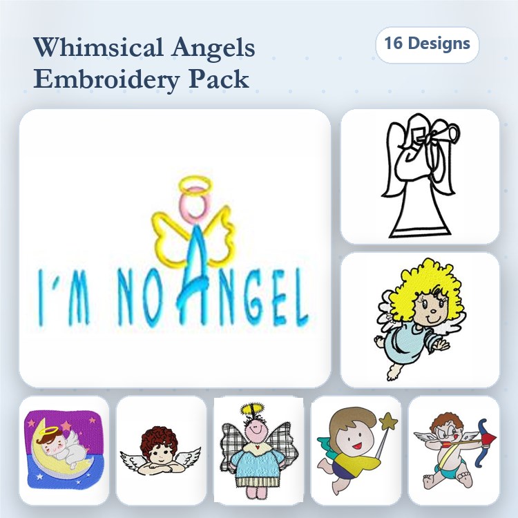 Whimsical Angels Embroidery Designs Bundle – Angel with Halo, Angel Holding Star, Winking Angel & More (16 Designs)