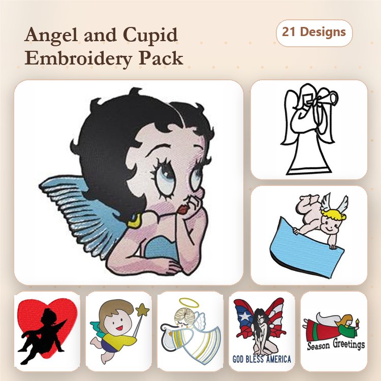 Angel & Cupid Embroidery Designs Bundle – Betty Boop Angel, Trumpet-playing Angel, Cupid with Bow & More (21 Designs)