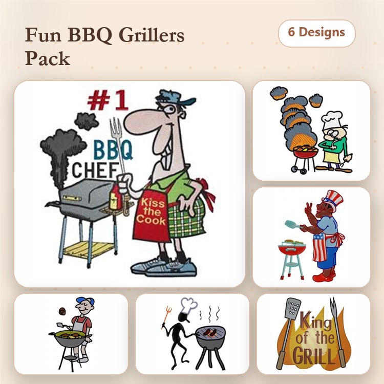 BBQ Grillers Embroidery Bundle – BBQ Chef, Griller with Smoke, Chef with Grill & More (6 Designs)
