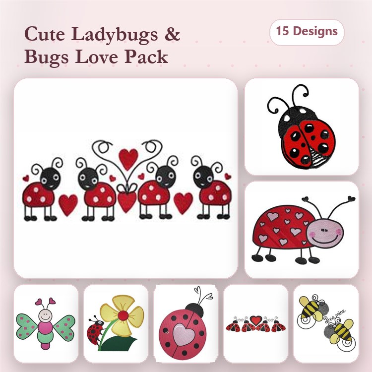 Ladybugs and Bugs Embroidery Designs Bundle – Ladybug with Hearts, Ant with Hearts, Bee Design & More (15 Designs)