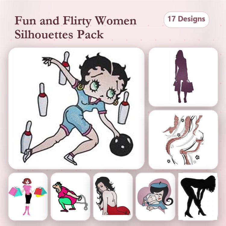 Women Silhouettes Embroidery Designs Bundle – Bowling Woman, Business Woman with Briefcase, Swaying Woman & More (17 Designs)