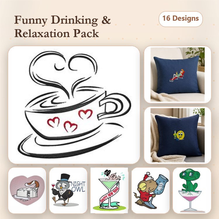 Funny Drinking & Relaxation Embroidery Designs Bundle – Coffee Cup with Hearts, Cocktail Glass, Happy Face & More (16 Designs)