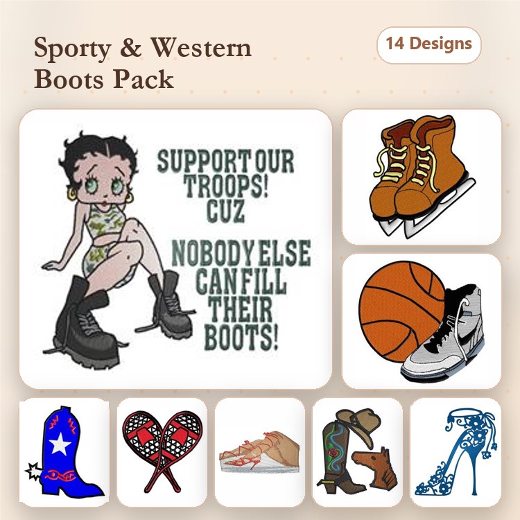 Sporty & Western Boot Embroidery Bundle – Betty Boop in Boots, Ice Skates, Basketball & More (14 Designs)