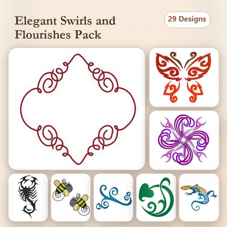 Redwork Elegant Swirls Embroidery Designs Bundle – Decorative Swirl Frame, Butterfly Flourish, Scorpion & More (29 Designs)