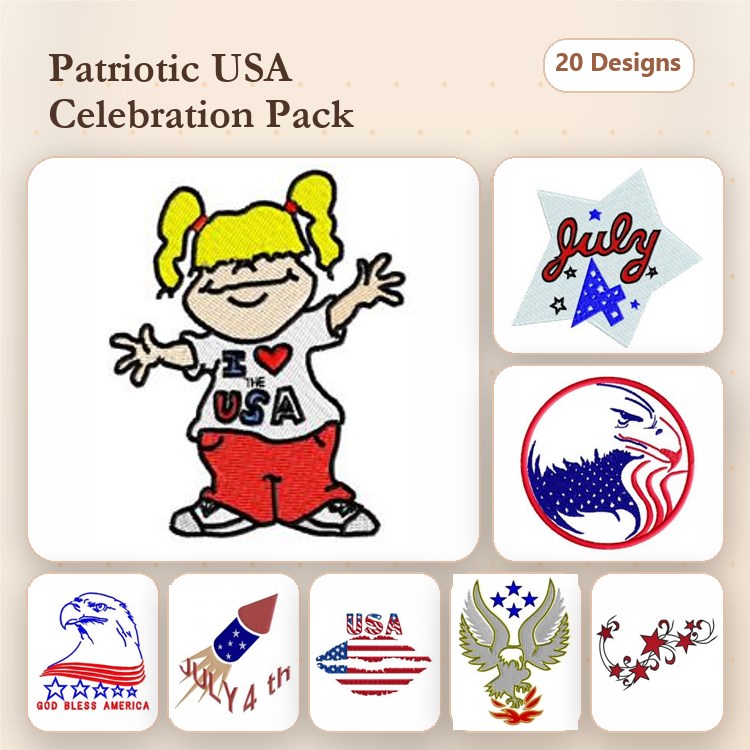 Patriotic USA Embroidery Designs Bundle – Girl with USA Shirt, Eagle Graphic, USA Rocket & More (20 Designs)