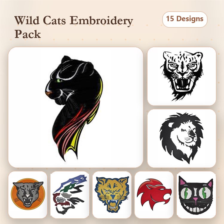 Wild Cats Embroidery Designs Bundle – Panther Head, Leopard Head, Lion Head, Tiger Head & More (15 Designs)