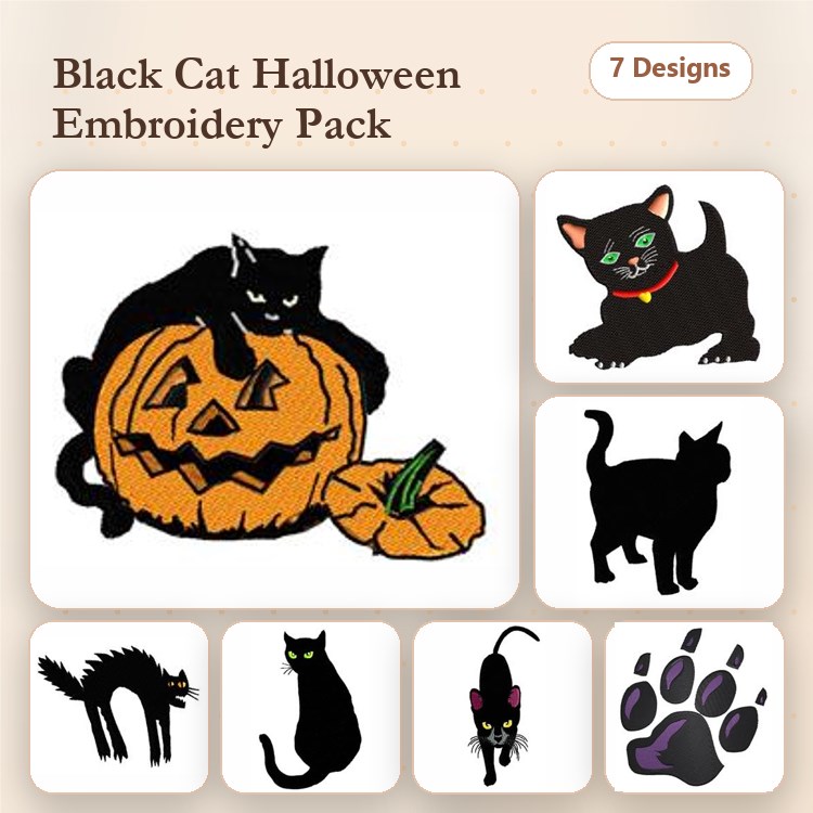 Halloween Black Cats & Pumpkins Embroidery Designs Bundle – Black Cat on Pumpkin, Silhouettes, Paw Print & More (7 Designs)