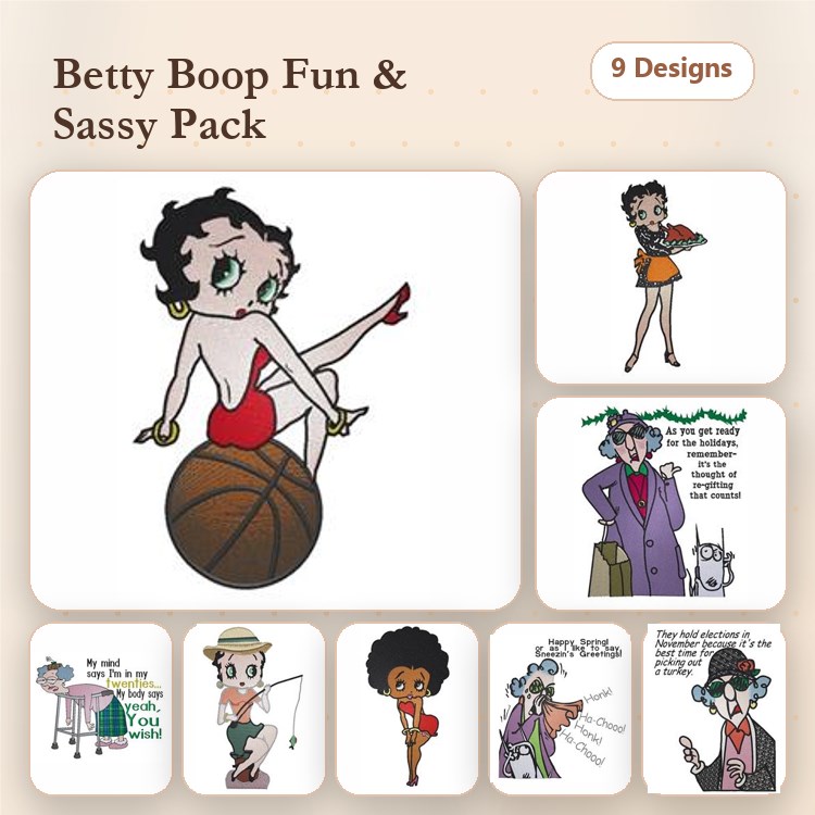 Betty Boop Characters Embroidery Bundle – Basketball, Dancer, Dog & More (9 Designs)
