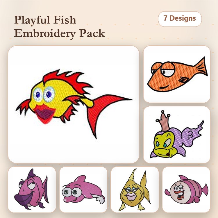Playful Cartoon Fish Embroidery Bundle – Red Tropical Fish, Orange Fish, Purple Princess Fish & More (7 Designs)