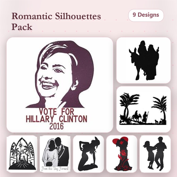Romantic Silhouettes Embroidery Designs Bundle – Hillary Clinton, Wedding Couple, Man and Woman & More (9 Designs)