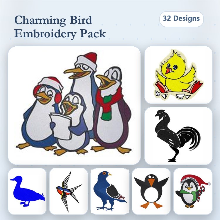 Holiday Birds Embroidery Designs Bundle – Penguin Group Singing, Penguin with Santa Hat, Rooster & More (32 Designs)