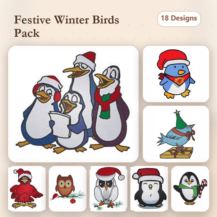 Festive Winter Birds Embroidery Designs Bundle – Penguin Group Singing, Superhero Penguin, Cardinal with Hat & More (18 Designs)
