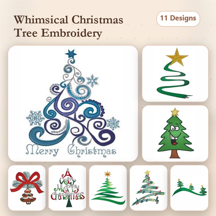 Christmas Tree Embroidery Designs Bundle – Swirly Tree, Starry Tree, Christmas Tree with Gifts & More (11 Designs)