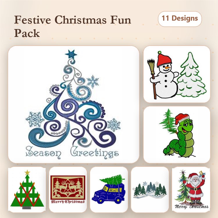 Christmas Embroidery Designs Bundle – Christmas Tree with Swirls, Snowman with Hat, Holiday Truck & More (11 Designs)