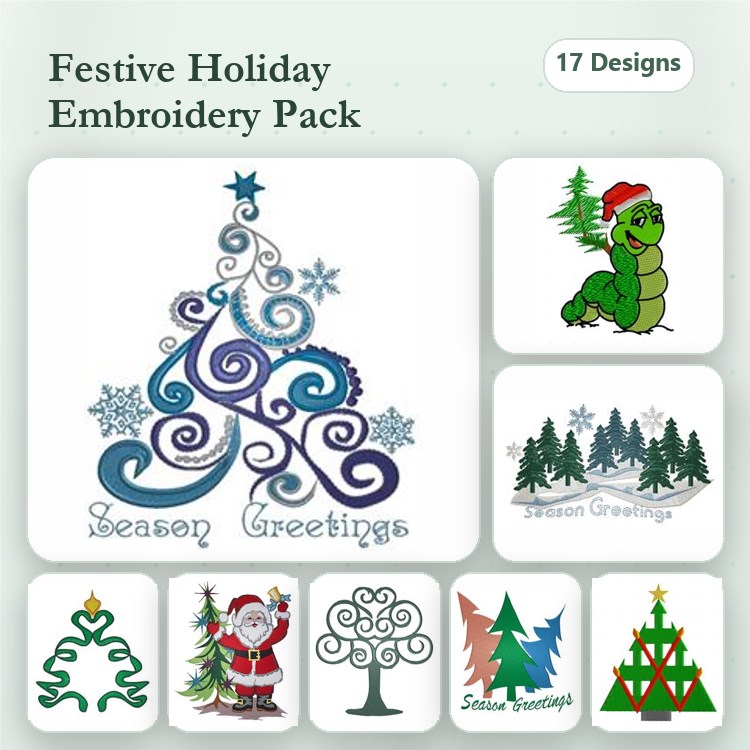 Festive Holiday Embroidery Bundle – Swirling Christmas Tree, Green Caterpillar with Santa Hat, Santa Claus & More (17 Designs)