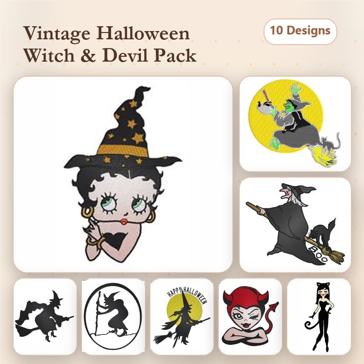 Vintage Halloween Witch & Devil Embroidery Bundle – Witch with Broom, Flying Witch, Devil with Pitchfork & More (10 Designs)