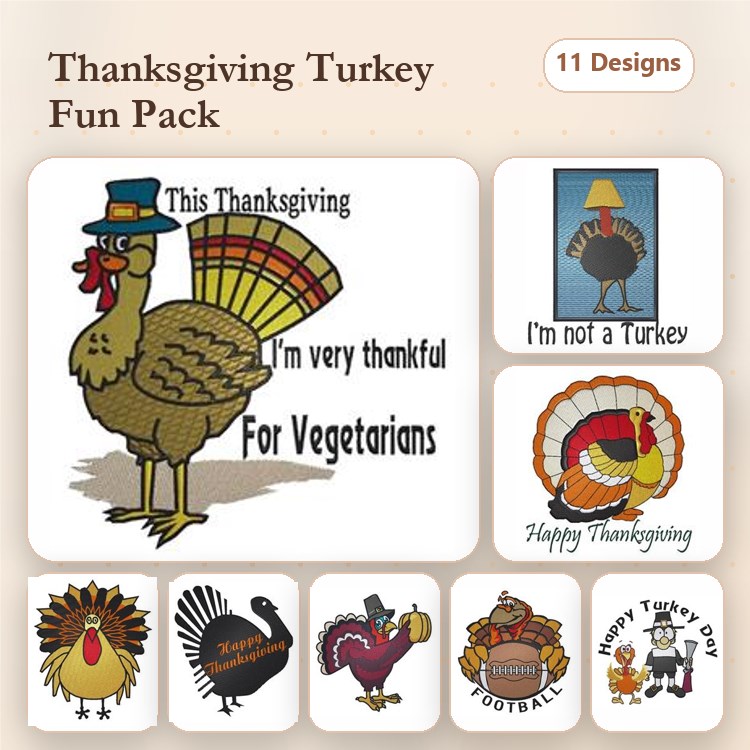 Thanksgiving Turkey Embroidery Designs Bundle – Thanksgiving Turkey with Hat, Happy Thanksgiving Turkey, Football Turkey & More (11 Designs)